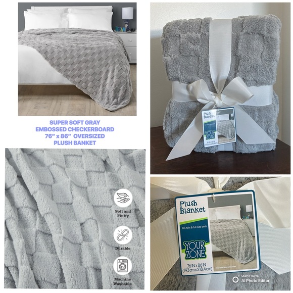 Other - NWT- Luxurious Super Soft- Gray Embossed Checkerboard Oversized Blanket 76x86